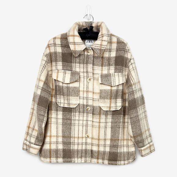Zara Plaid Overshirt Extra Large Oversized Shacket Neutral Cozy Cabin Rustic - Picture 1 of 3